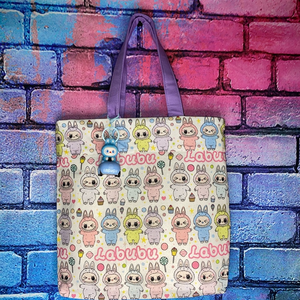 Handmade- Labubu Inspired Tote Bag w/ Labubu Keychain Charm